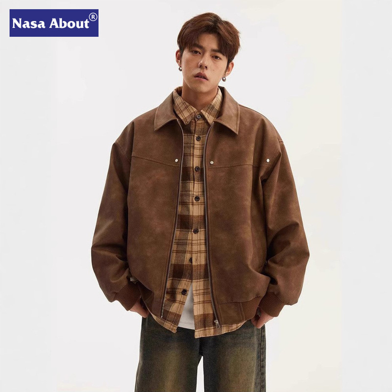 NASA American Style Retro Lapel Leather Jacket Men's Spring and Autumn Loose Couple's Workwear PU Wallet Jacket Trend