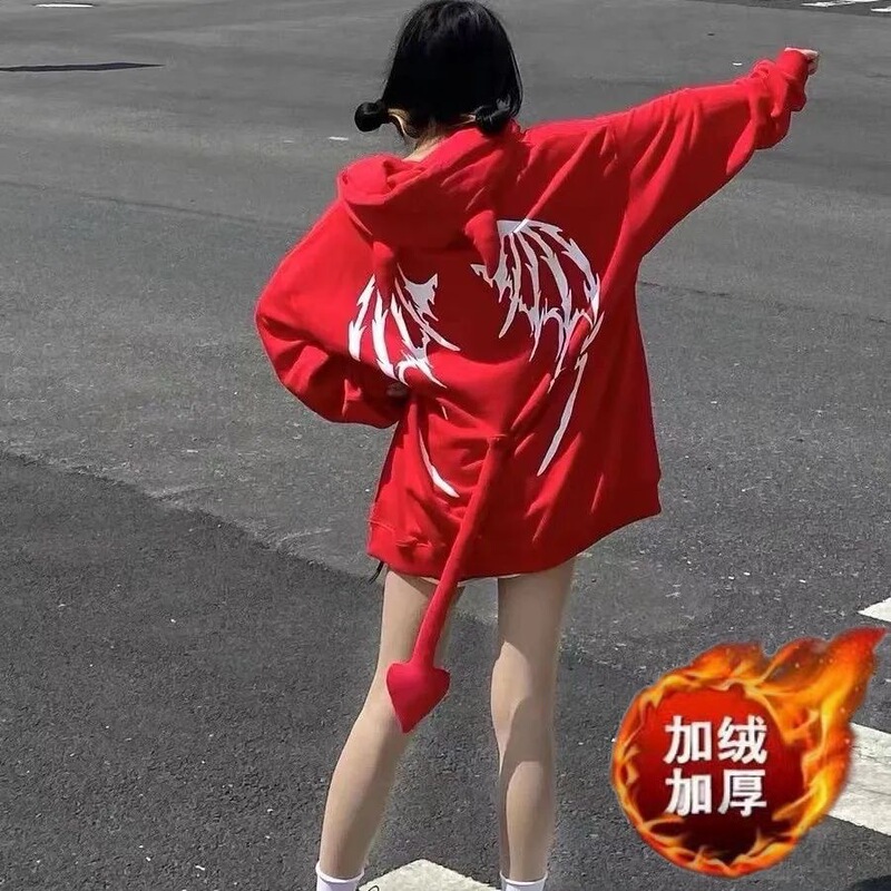 23 Heavyweight Couple Male and Female Little Devil Hooded Sweatshirt with Corner for Women Winter Velvet Thick Cardigan Top Jacket with Small Tail 23 Heavyweight Couple Male and Female Little Devil Hooded Sweatshirt with Corner for Women Winter Velvet Thick Cardigan Top Jacket with Small Tail