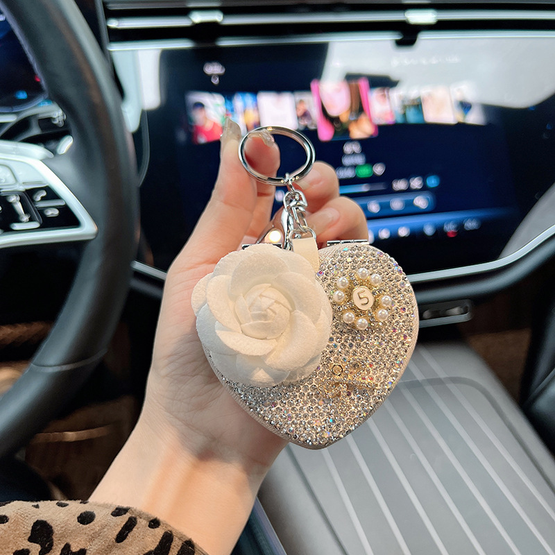 Nuevo camellia amor espejo llavero de diamante espejo plegable portátil llavero de automóvil cuentas bolsa colgante