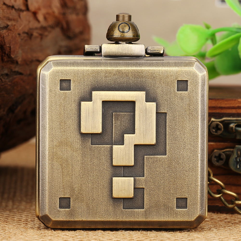 Student Pocket Watch Hot Sale Quartz Watch Creative Retro Super Mario Square Question Mark Waist Chain Quartz Pocket Watch in Stock