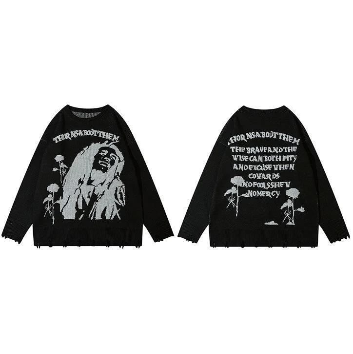 Men's Clothing street pullover portrait letter jacquard sweater casual loose commuter sweater pullover_voghion.com