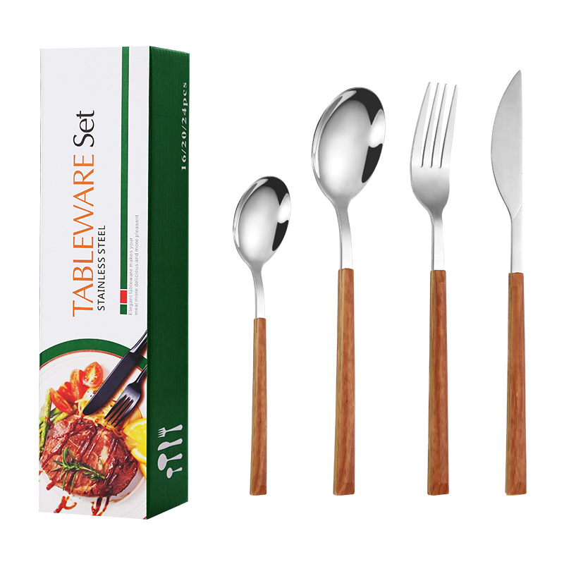Transfronterizo imitación mango de madera de acero inoxidable traje de vajilla occidental 24 piezas cuchillo de carne tenedor cuchara postre tenedor cuchara caja de regalo