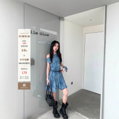 Joeyoo李乔优 夏日航海家 蓝色连衣裙女夏斜肩荡领无袖a字短裙子