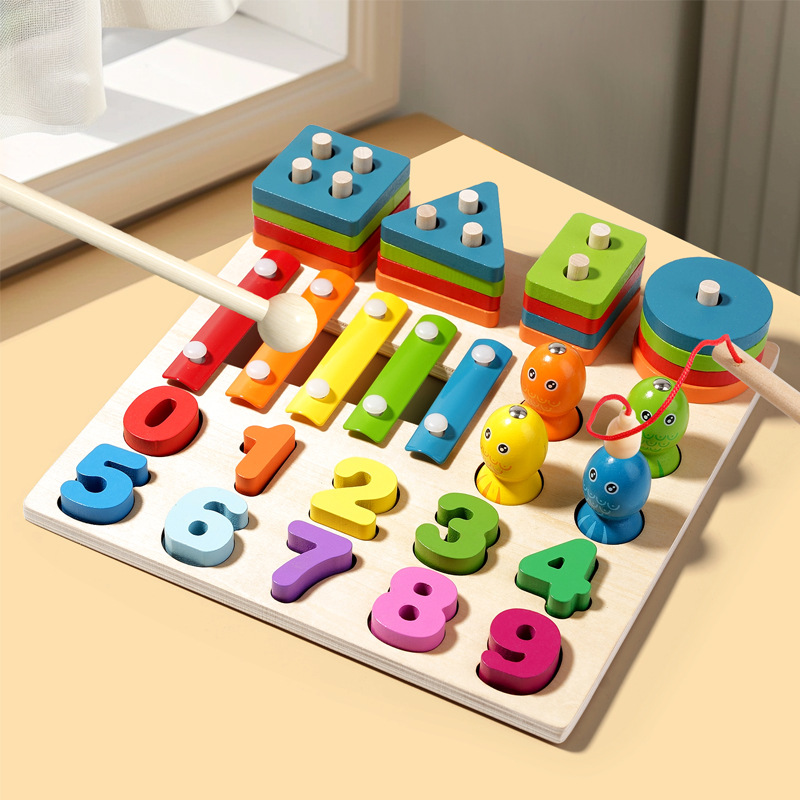 Juguetes de madera para niños transfronterizos, columna de cubierta de pesca, piano, coordinación mano-ojo cuatro en uno, juguetes cognitivos de color