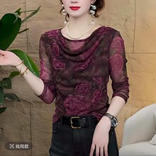 代发2025秋装新款时尚印花T恤女长袖洋气弹力网纱上衣内搭打底衫