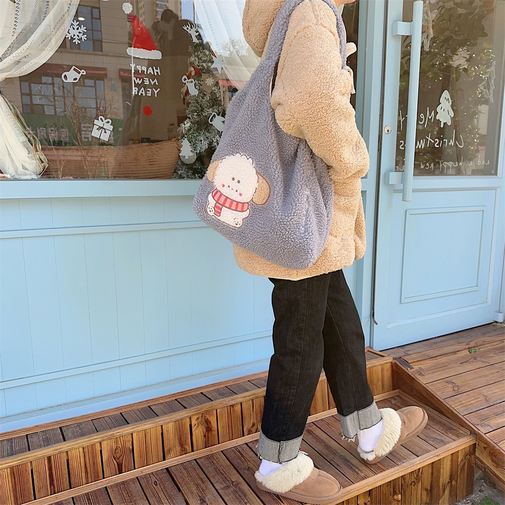 312201 Korean version ins Autumn/Winter Collection, fluffy single-shoulder bag, cute female dog embroidered large capacity tote bag undefined