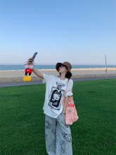 卡通猫咪印花圆领短袖大版T恤女夏季慵懒宽松设计感白色百搭上衣