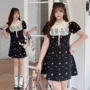 大码短袖碎花蕾丝黑裙