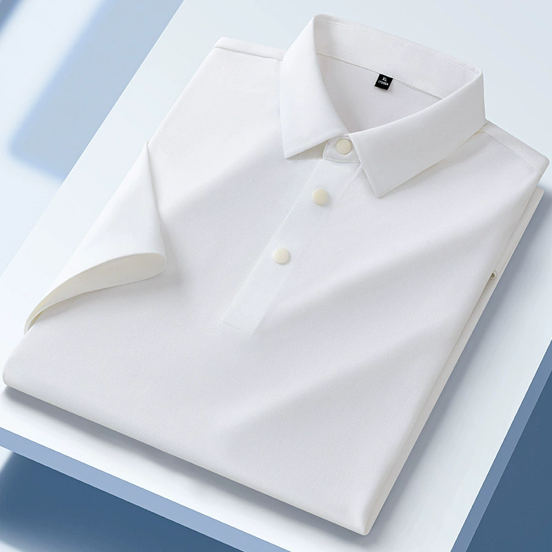 [Кнопка] Летний ледяной шелк без следов с короткими рукавами рубашка POLO для мужчин повседневная эластичная без горячего быстрого сухого лацкана футболка