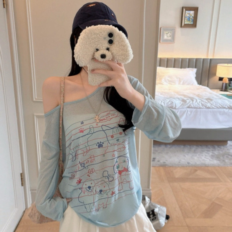Neresum Cat and Dog Print Long-Sleeved T-Shirt for Women, New Sweet and Spicy Loose, Light and Slightly See-Through Spring and Summer Casual Blouse Neresum Cat and Dog Print Long-Sleeved T-Shirt for Women, New Sweet and Spicy Loose, Light and Slightly See-Through Spring and Summer Casual Blouse
