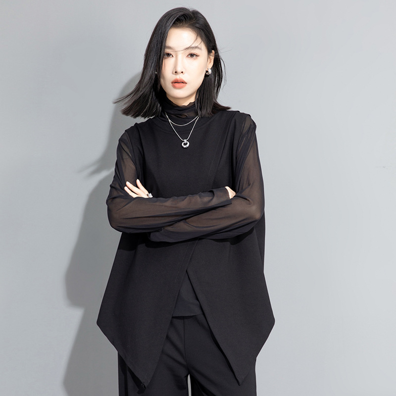 유럽과 미국의 가을 새로운 여성 패션 성격 투피스 메쉬 티셔츠 조끼 새로운 디자인 탑