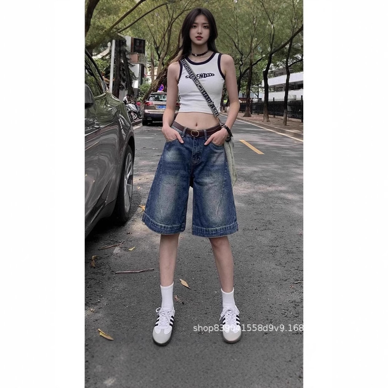 American Retro Low Waist Five-point Denim Shorts Women's Summer Stitching Design Sense Loose Straight Wide Leg Tooling Pants