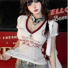 抖音天猫质量V领微透蕾丝刺绣T恤女短袖修身显瘦辣妹百搭上衣潮