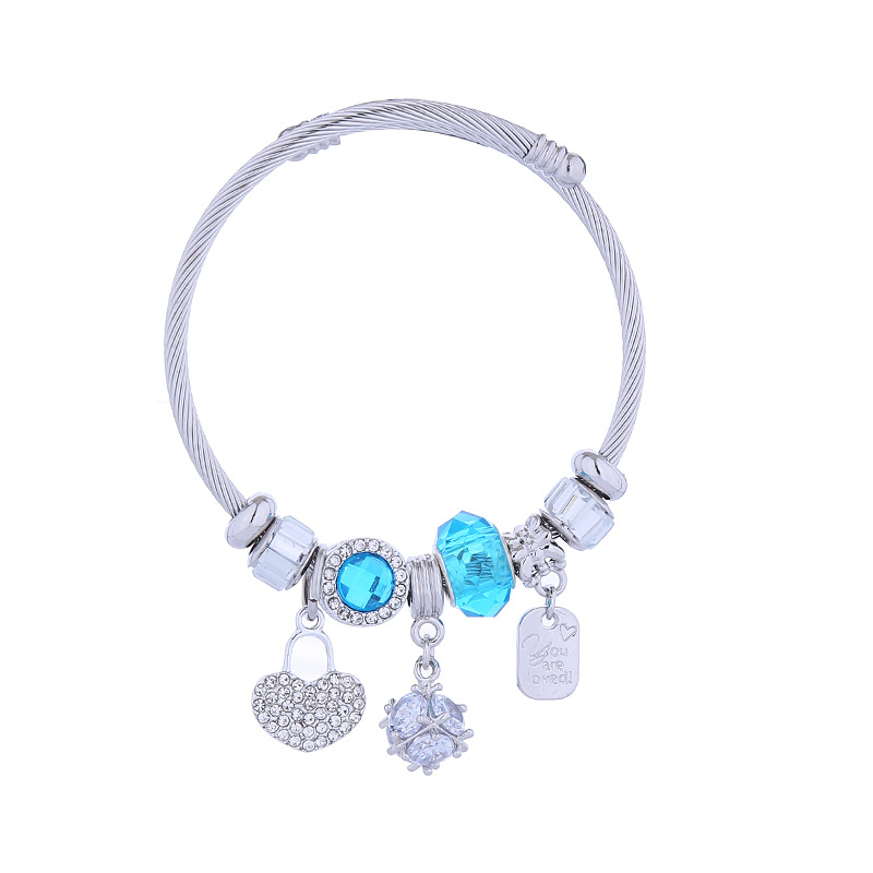 Pandora Style Heart Lock Bracelet Alloy Diamond Encrusted Bangle_voghion.com