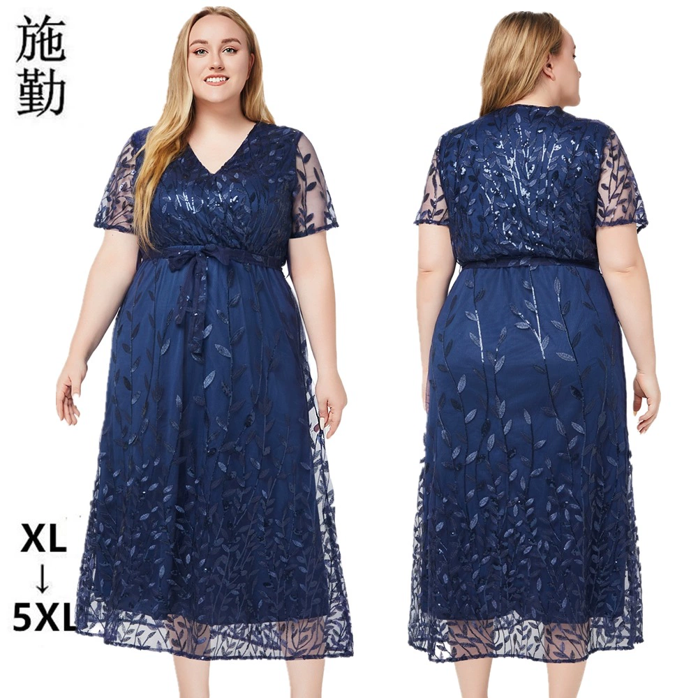 2025 европейское и американское трансграничное женское летнее платье больших размеров с v-образным вырезом и короткими рукавами, вышитое пайетками, с вышивкой