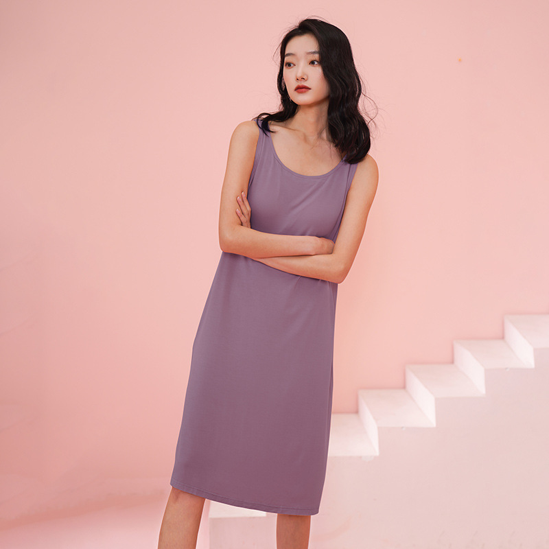 Camisón modal de verano de las mujeres sin mangas camisola vestido con almohadilla en el pecho largo sobre la rodilla sexy pijamas de verano al por mayor