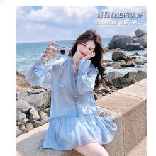 海边度假风穿搭蓝色防晒套装女夏2025超火好看长袖上衣短裤两件套