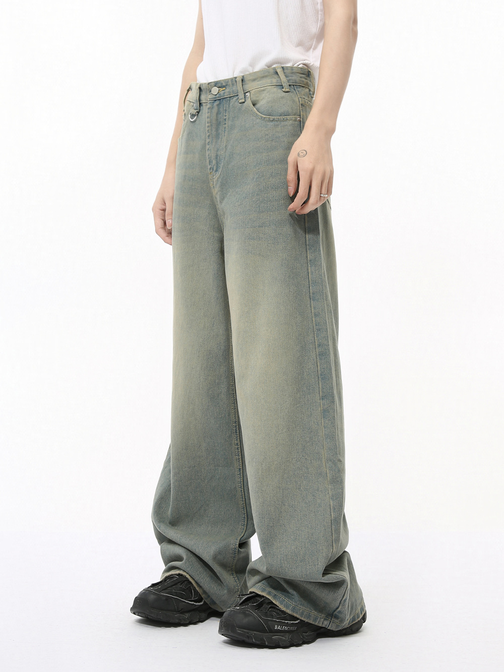 MTLCLOTHES Hombres| Nuevos productos de otoño retro cemento verde colgante sensación de caída rectas pantalones jeans de piernas anchas sueltos