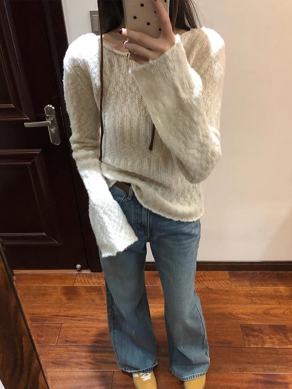 韩系白色喇叭袖长袖针织衫内搭上衣女春秋穿搭高级感气质打底毛衣|undefined