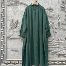 春季长款高端木耳边手工刺绣立领网网亚麻宽松连衣裙慵懒舒适长袍