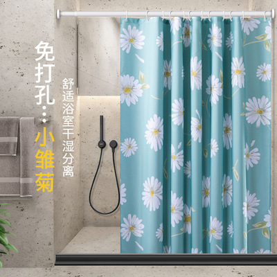 跨境数码印花小雏菊浴帘 卫生间隔断帘 涤纶防水免打孔定制浴帘厂|ms