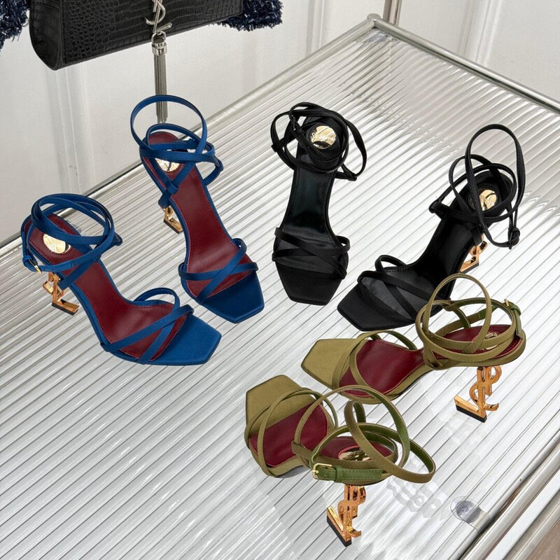 Shengjia 2024 New Letter Heel Open Toe Sandals Square Toe Thin Belt Buckle Cross Belt Rear Empty High Heels for Women