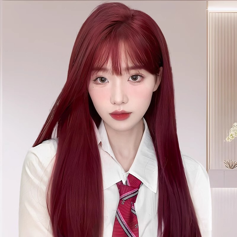 Wig Female Long Straight Hair Lolita Whitening Girl Group Jk Raspberry Red Air Bangs Natural Full Head Set Red Hair