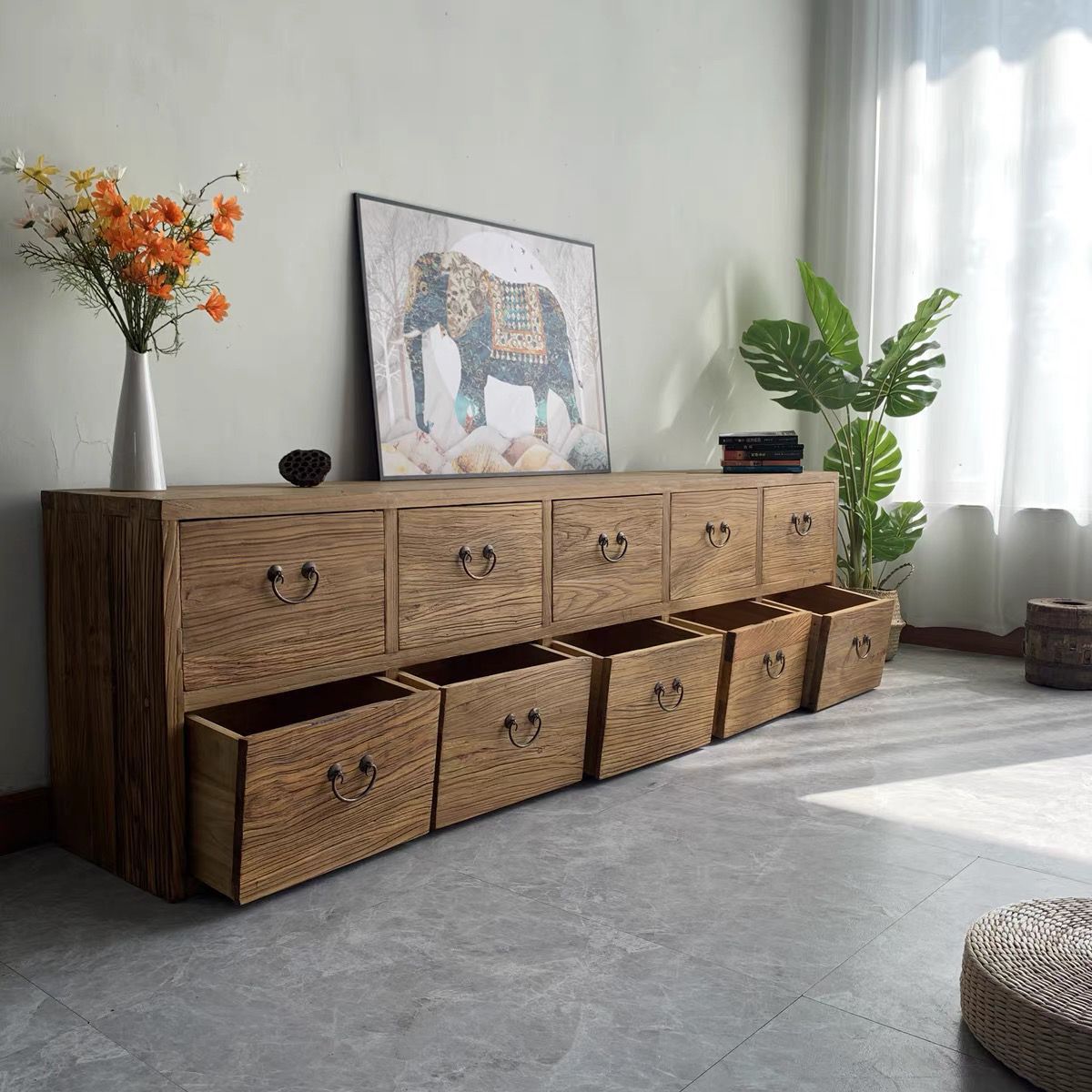 Old Elm Cabinet Eight-Drawer Cabinet Simple Storage Cabinet Retro Sideboard Living Room Floor-Standing Tv Cabinet