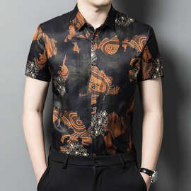 桑蚕丝夏季短袖男士衬衫男装丝绸男衬衣亮面花寸衫真丝男装潮
