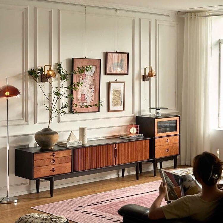 Solid Wood Tv Cabinet Living Room Black American Retro Home Storage Cabinet Modern Small Apartment Nordic Simple Tv