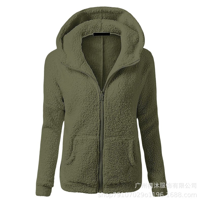 亚马逊2025秋冬新款女士时尚纯色卫衣宽松连帽毛绒拉链外套上衣|undefined