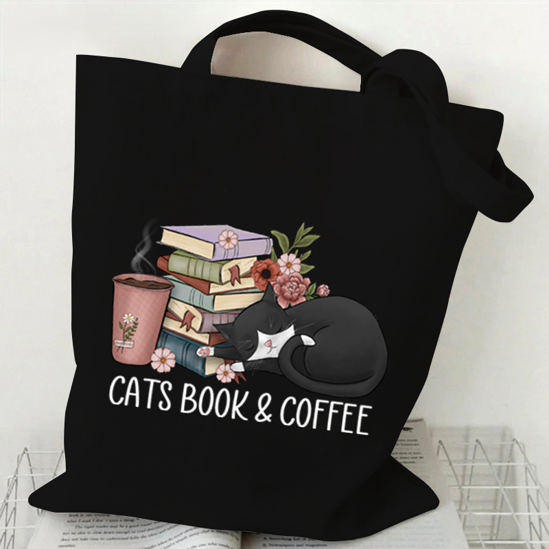 Cross-border Trade Books Owl and Cat Canvas Tote Bag Women Wildflower Bookworm Lovers Shopping Bag