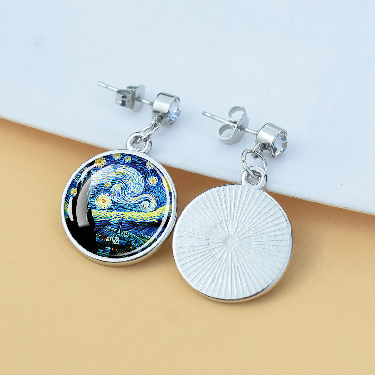 Pendientes de diamantes brillantes de flores Iris de girasol Van Gogh Art Starry Sky Pintura al óleo Pendientes de estilo europeo y americano medieval