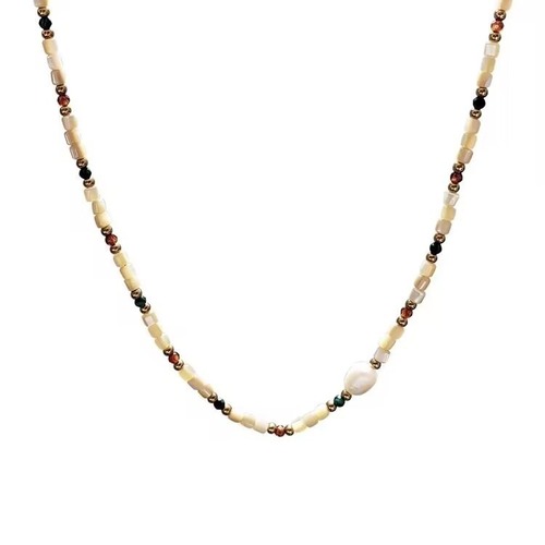 Titanium steel milk tea color freshwater pearl necklace with colored beads, abalone lockchain, layered for a stylish and trendy look.