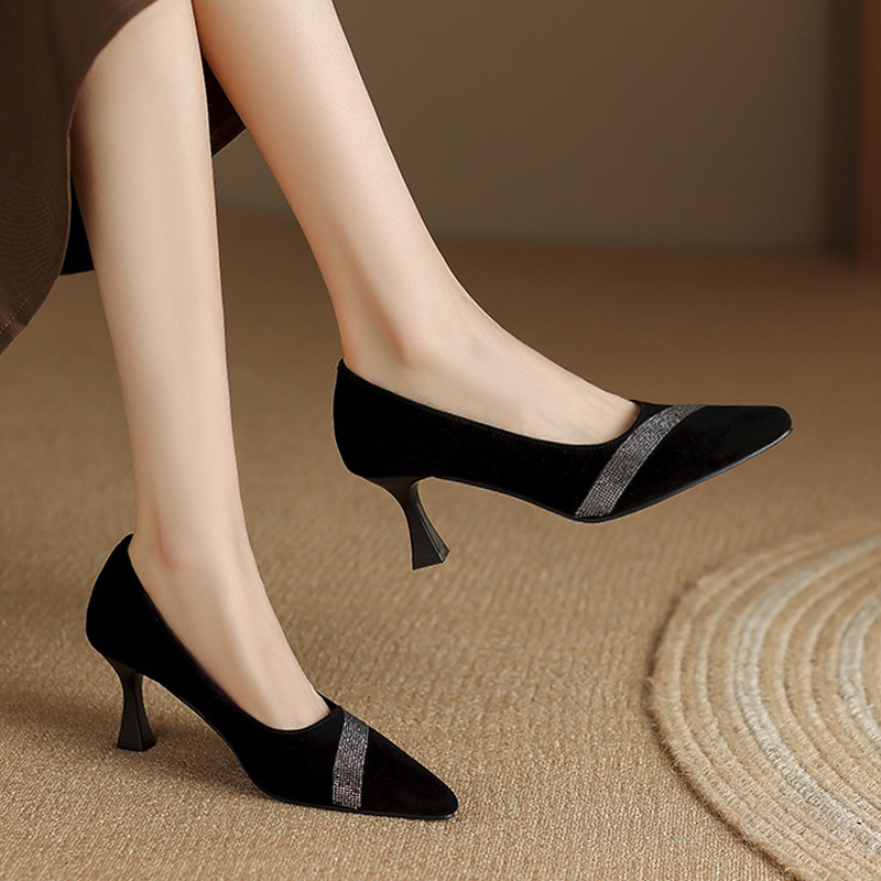 Giày cao gót nữ da thật mũi nhọn gót nhọn 6cm miệng nông công sở xuân hè — Gót Thô 3cm