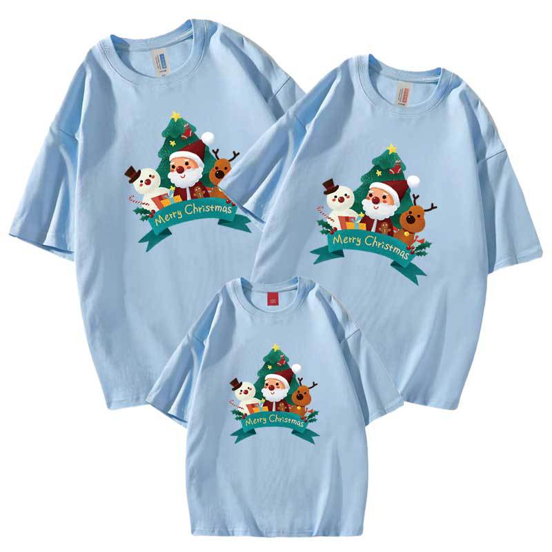 2021 transfronterizo Santa Claus muñeco de nieve cabeza de ciervo algodón peinado niños cuello redondo Camiseta de manga corta padre-hijo traje bebé mameluco