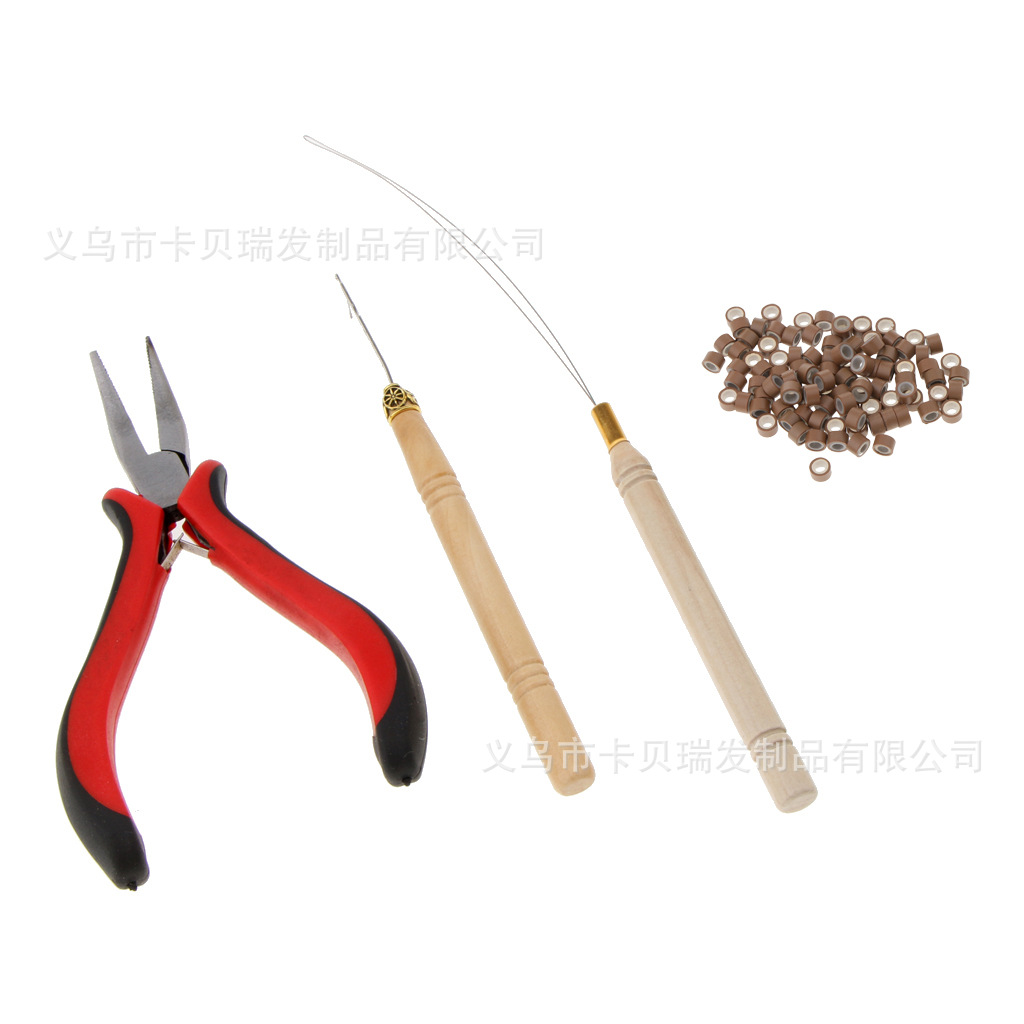 빨간색 펜치 + 나무 코바늘 + 나무 실꿰기 + 머리 연장 링 100개(연한 갈색)