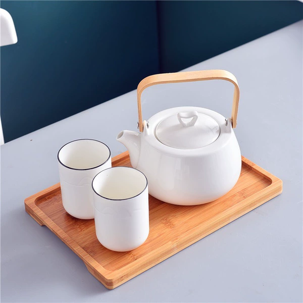 One pot, two cups (black line cup with bamboo plate)