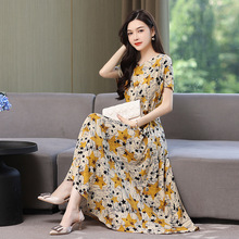 2025新款高端棉绸连衣裙夏天时尚外穿妈妈中年有口袋印花长裙显瘦