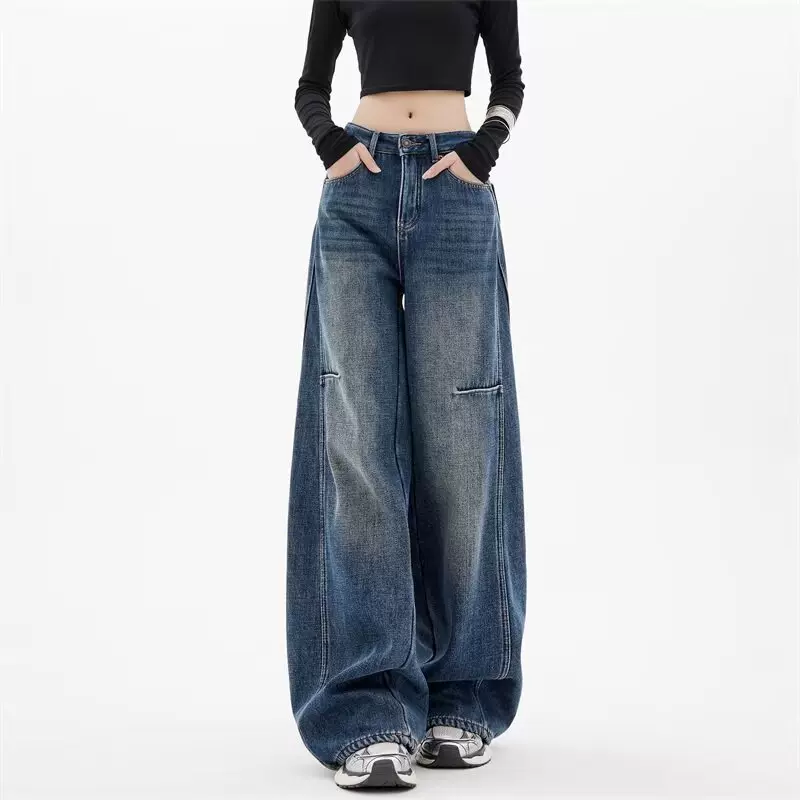 美式潮流古阔腿牛仔裤女春秋季新款设计感宽松显瘦拖地牛仔裤子潮