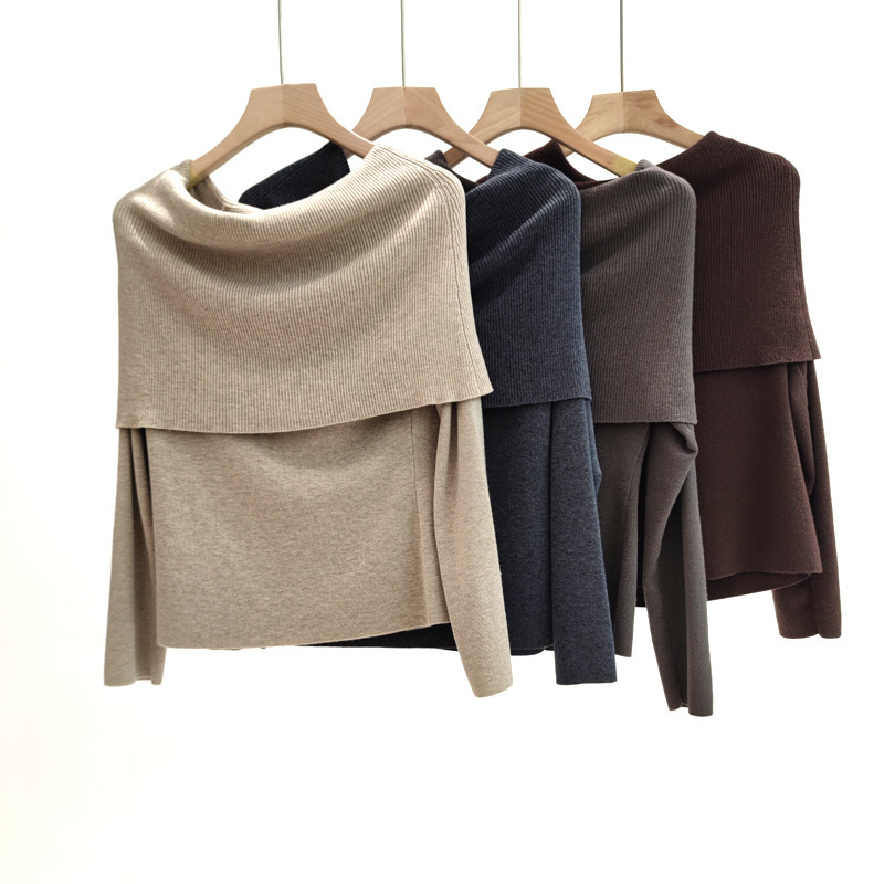 Autumn Pure Desire French One-Line Collar Off-Shoulder Knitwear Wool Blended Knitted Knitwear Feminine Long-Sleeved Top