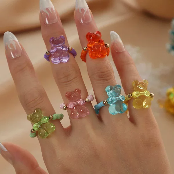 Foreign trade hot-selling net red colorful resin bear ring adjustable beaded rice beads 6-piece ring