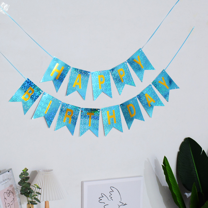 Papel de cumpleaños inglés dorado superficie brillante cola de pez tire bandera Feliz cumpleaños carta colorida bandera accesorios de decoración de fiesta