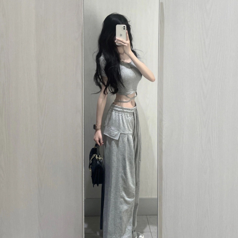 套装女2025夏季新款辣妹短款短袖T恤设计感上衣高腰显瘦阔腿裤ins|undefined