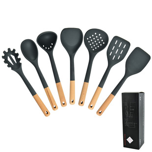 In stock wholesale wooden handle silicone kitchenware 7-piece kitchen baking tools silicone spatula colander frying shovel suit