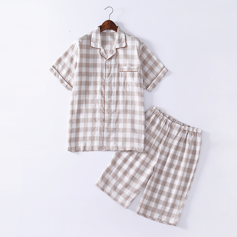 노란색 체크무늬 반소매 반바지