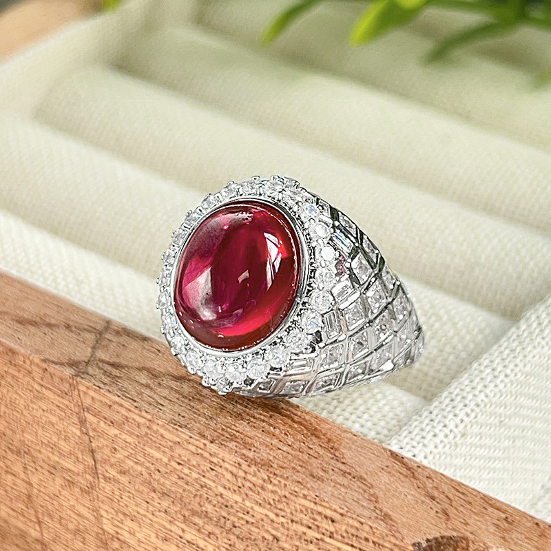 Otoño e invierno nuevo estilo Zhuang Shengsheng joyería simulación corindón rojo superficie lisa retro anillo de alta gama piedra principal 10*12