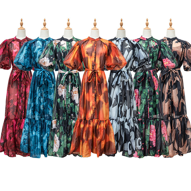 Cross-border elongated age-reducing versatile puff sleeve mid-length shirt dress 2026 spring women's single-breasted printed tie dress