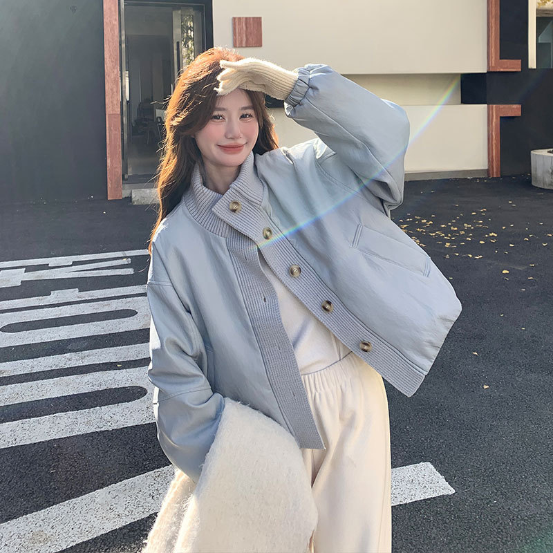 light blue knitted spliced protein leather down jacket 2024 new women's winter sweet super good-looking baseball jacket