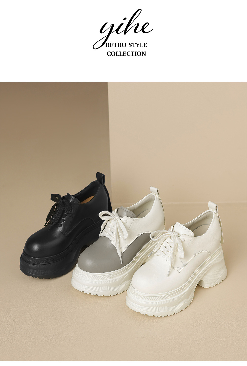 Giày sneaker nữ chunky đế dày phối màu mùa thu 2025, da bò thật, tăng chiều cao 12cm, buộc dây — Màu đen, Màu xám trắng, Màu trắng chi tiết 14